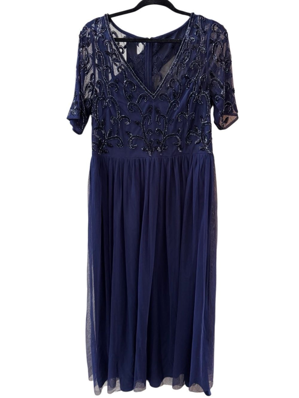 Papell Studio Navy Blue Beaded Mesh Formal Gown Dress Plus Size 16 - Picture 16 of 16